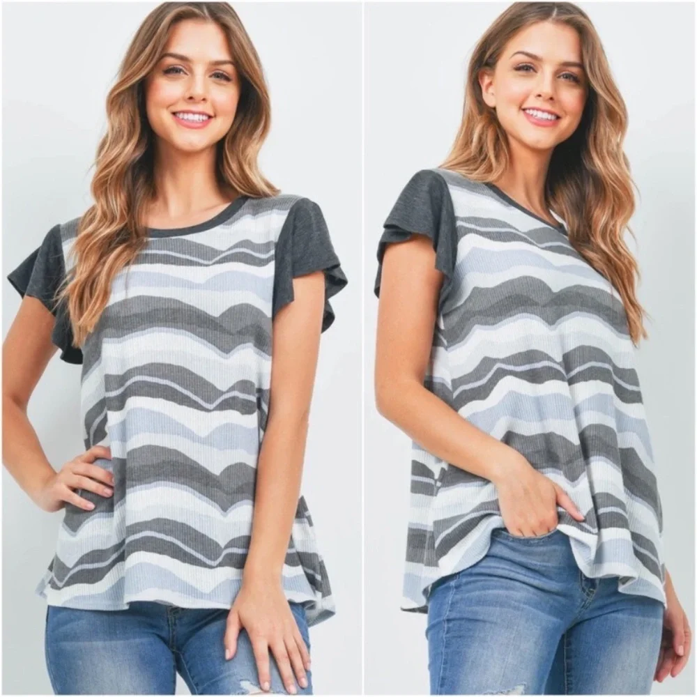 New Womens Soft Light Ribbed Basic Flutter Sleeve SPRING Blouse Top - Picture 3 of 5